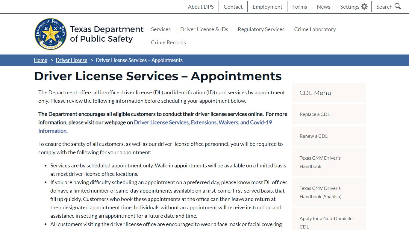 Driver License Services – Appointments | Department of Public Safety